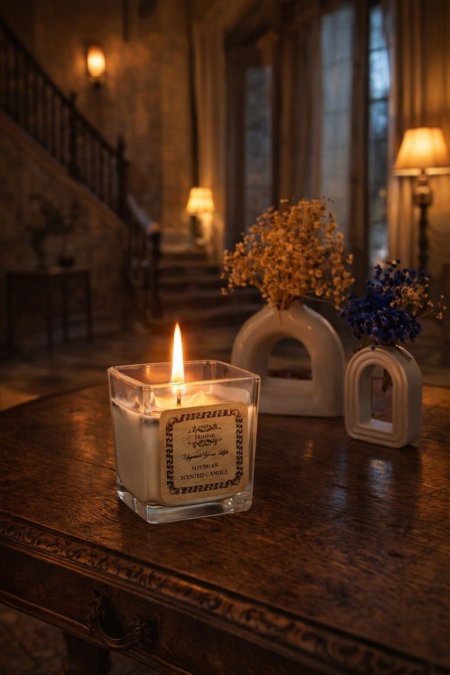 شمع زجاج مربع مع ورد مجفف